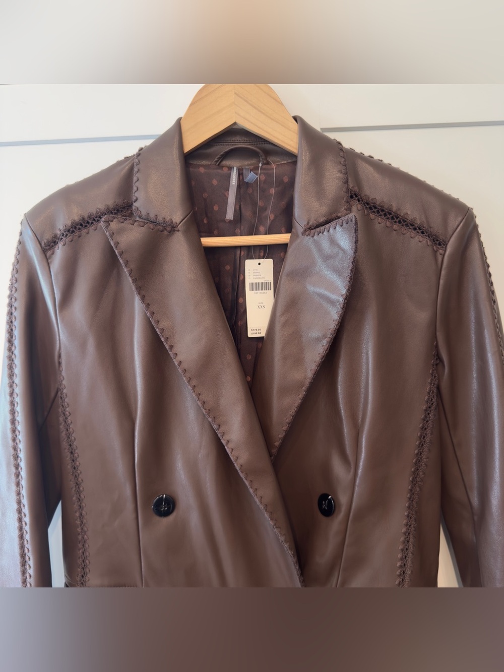NWT Anthropologie Faux Leather Crochet Stitch Blazer Brown XXS - Picture 6 of 16